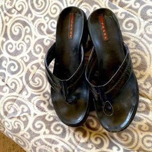 Genuine Prada wedge slides black patent leather size 9